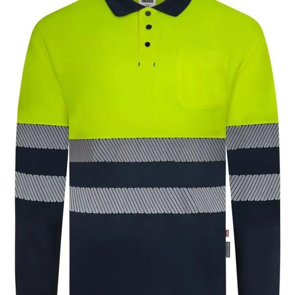 Long sleeve two-tone recycled polyester polo shirt with segmented tape