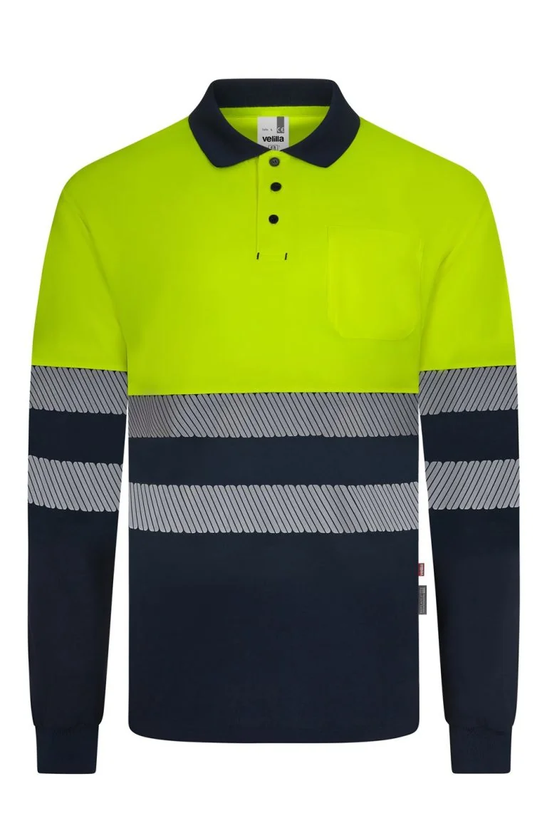 Long sleeve two-tone recycled polyester polo shirt with segmented tape